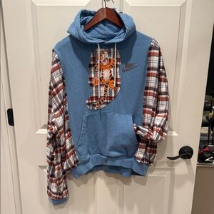 One of a kind upcycled by me Tiger Nike sweatshirt w flannel sleeves
